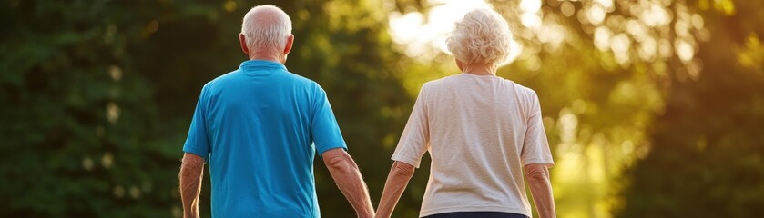 Fototapeta premium Elderly couple walking hand in hand during sunset, enjoying a peaceful moment together in nature.