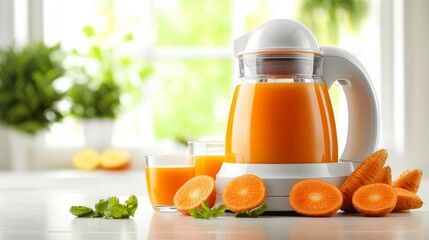 Carrot juice. Process preparation of fresh juice in juicer. Process of making juice in a juicer.