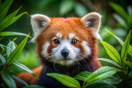 Red panda looking at camera amidst rainforest foliage