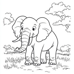 Fototapeta premium Cute Elephant Coloring Page: Adorable elephant standing in a grassy savannah with trees in the background, perfect for kids to color in and enjoy. 