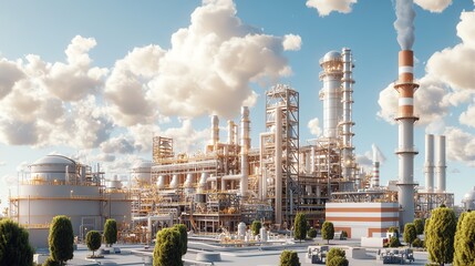 Industrial complex with smoke stacks and clouds.