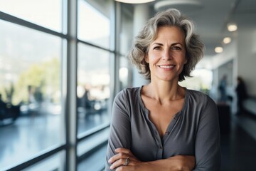 Fototapeta premium Portrait of a grinning woman in her 50s dressed in a casual t-shirt in front of sophisticated corporate office background