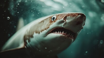 Naklejka premium A shark's face is prominently displayed in the water, its enigmatic expression and striking features capturing the essence of marine elegance and power.