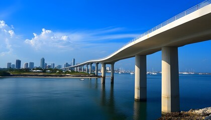 Concrete Bridge Over Water With City Skyline in the Distance