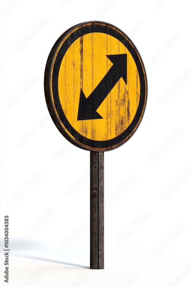 Poster A bright yellow and black warning sign with an arrow pointing direction, often used for navigation and caution