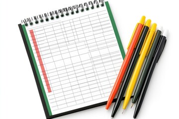 Naklejka premium A still life of notepads, pens, and pencils arranged on a clean white surface
