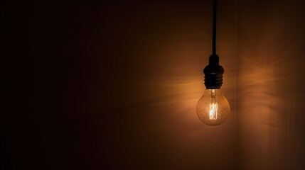 Dark empty room with single flickering light bulb casting long shadows, emphasizing absence of power and eerie atmosphere, minimalist setting with focus on light bulb's glow.