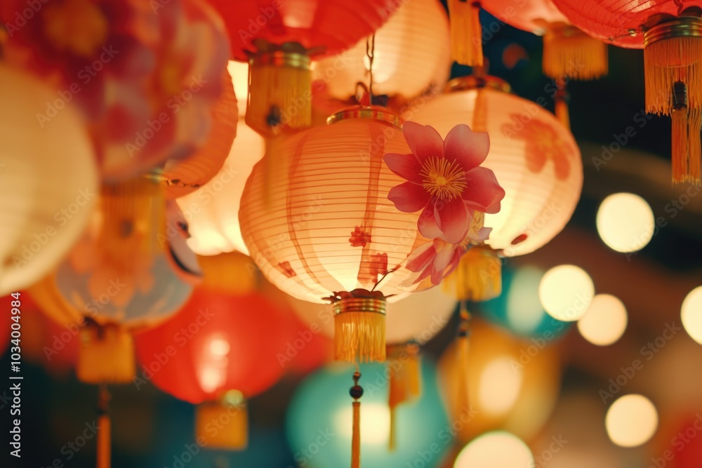 Poster a bunch of colorful paper lanterns hang from the ceiling, creating a festive atmosphere