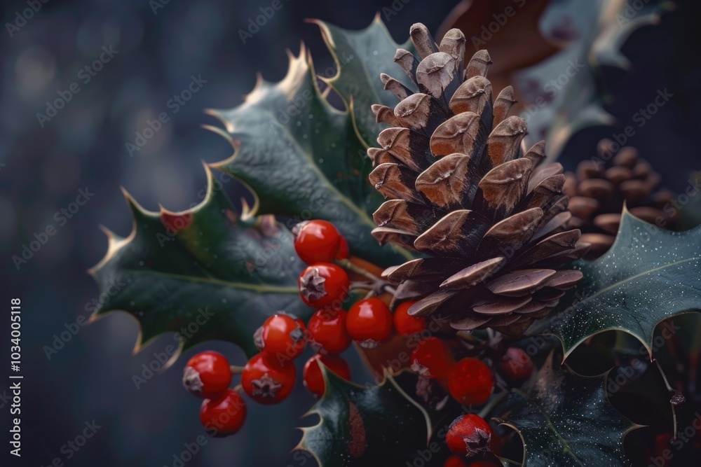 Aufkleber a close-up shot of a pine cone covered in bright red berries, ideal for use in designs related to na