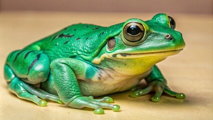 Obraz premium A vibrant green frog with large eyes and intricate markings sits on a wooden surface.