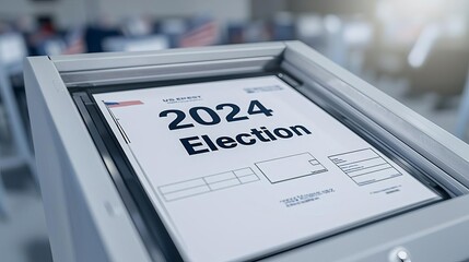 Fototapeta premium USA election vote 2024 Ballot being scanned by a voting machine, 