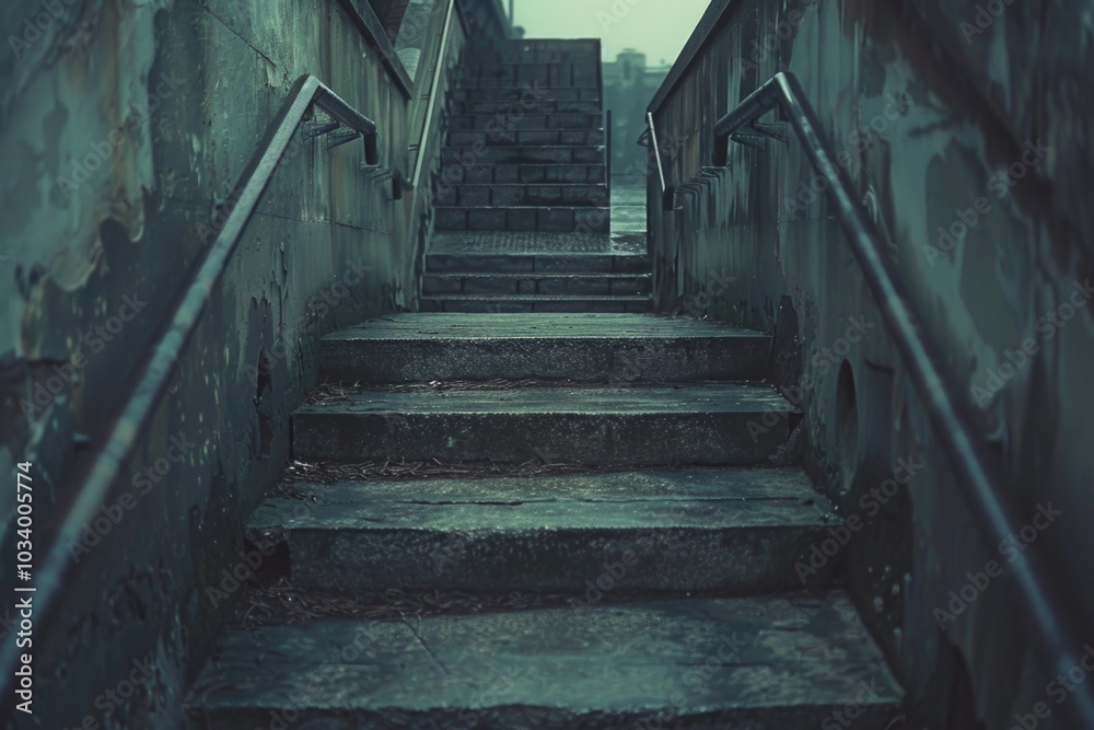 Poster a set of stairs leading up to the top of a building