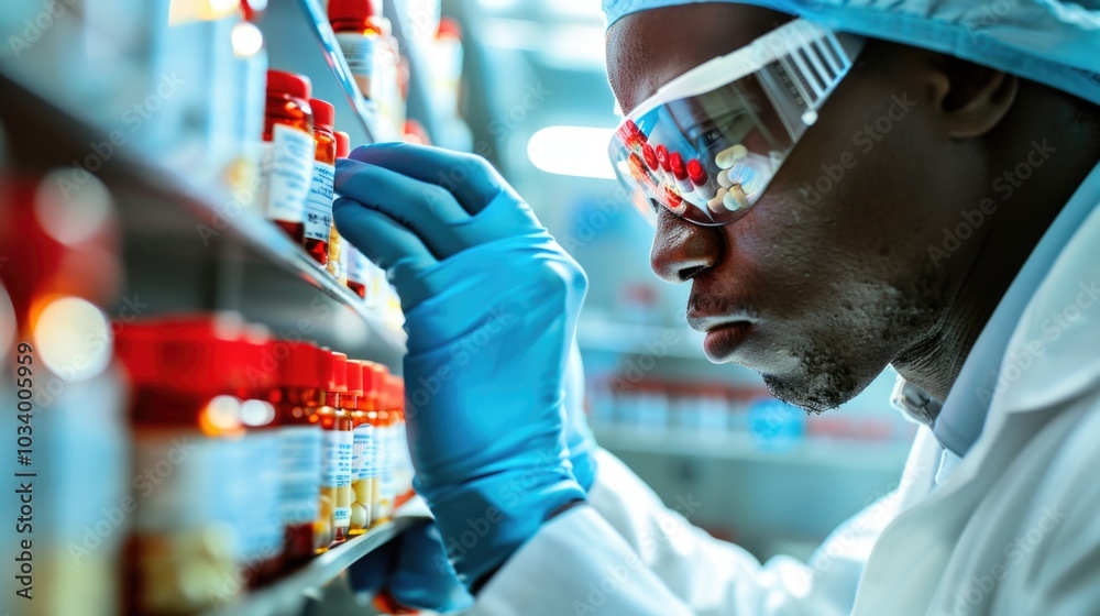 Poster a scientist in a lab setting examines a chemical bottle, wearing a lab coat and goggles