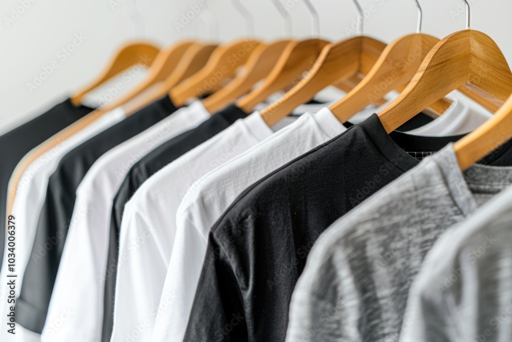 Poster close-up view of multiple t-shirts displayed on a wooden hanger, perfect for e-commerce or fashion-r
