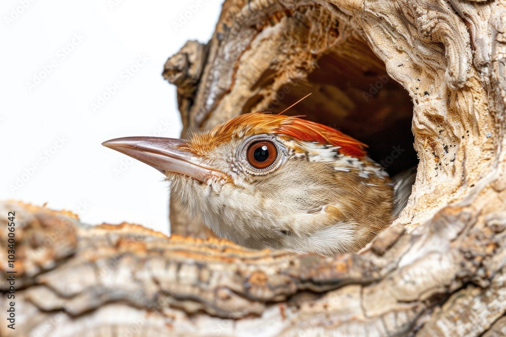 Wall mural a bird with a red head is sitting in a hollow tree