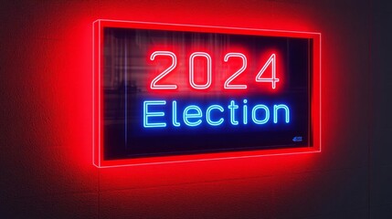 USA election vote 2024 Floating digital voting screen with holographic "2024 Election" date, neon red and blue lights reflecting patriotic colors, no face or body