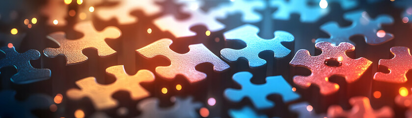 Abstract Puzzle Pieces Interlocking with Bokeh Effects: Symbolizing Compromise and Community in ESG Business Negotiations on a White Background