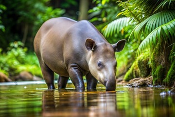 Fototapeta premium Tapir drinking from stream in lush rainforest