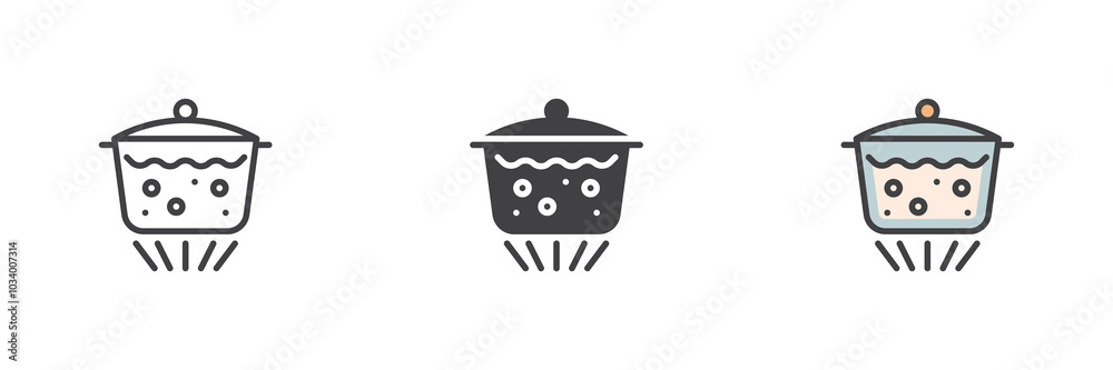 Aufkleber boiling water in pan different style icon set