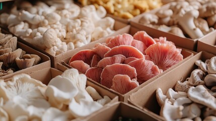 A variety of colorful mushrooms displayed in market boxes, showcasing different shapes and hues, representing abundance and diversity of fungi in nature.