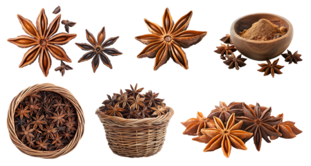Star anise, Illicium verum fruit herb spice, many angles and view side top front basket bowl powder pile isolated on transparent background cutout, PNG file. Mockup template for artwork graphic design