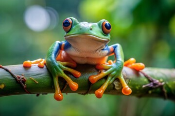 Naklejka premium Green tree frog perched on branch in lush rainforest