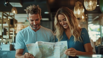 A joyful couple, a man and a woman, share a moment of discovery while examining a map together, surrounded by a warm, inviting café atmosphere.
