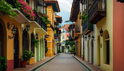 Fototapeta premium Narrow cobblestone street lined with colorful colonial buildings with balconies and wrought iron details