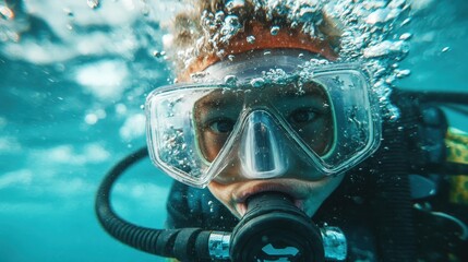 An enthusiastic boy engages in an exciting underwater experience, fully equipped with a diving mask and snorkel, surrounded by vibrant bubbles as he explores the ocean.