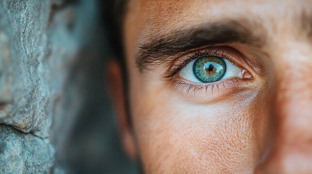 Close-up of a man's eye, showcasing vibrant colors and intricate details, with a textured background that adds depth and interest.