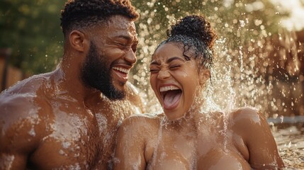 A couple is captured in a moment of pure joy and laughter as they splash and enjoy a refreshing outdoor water experience, highlighting their carefree happiness together.