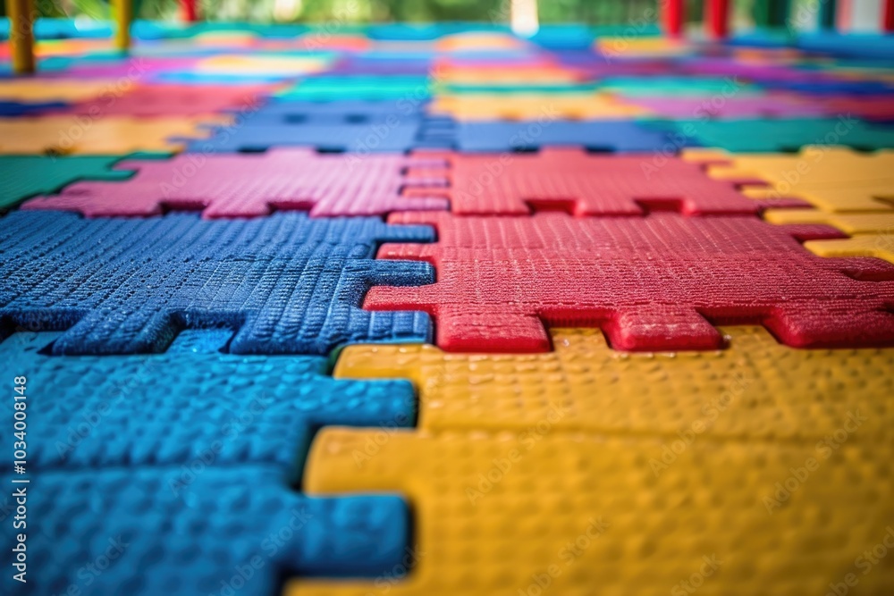 Poster A detailed shot of a vibrant puzzle mat with various shapes and colors, ideal for illustrating creativity and problem-solving