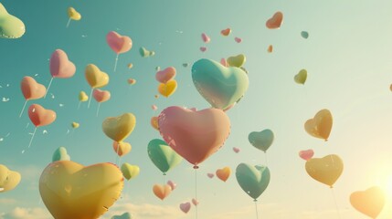 Colorful heart shaped balloons float in bright sky, creating whimsical and joyful atmosphere. scene evokes feelings of love and celebration, perfect for various occasions