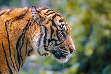 Closeup of a majestic tiger in a natural habitat with a blurred green background