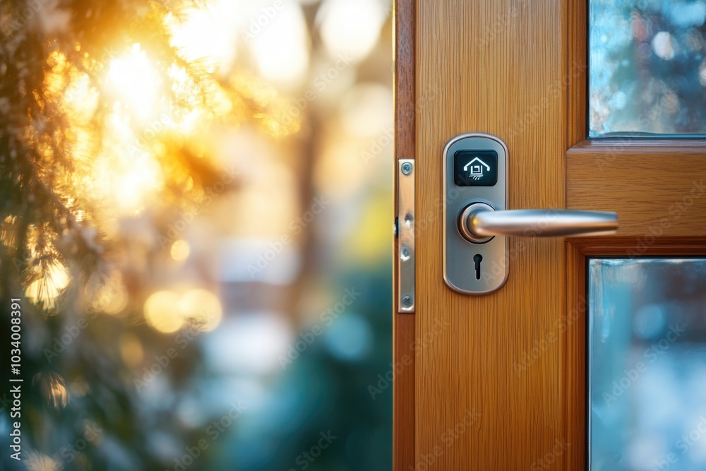 Poster a detailed view of a wooden door handle, ideal for use in interior design or architecture contexts