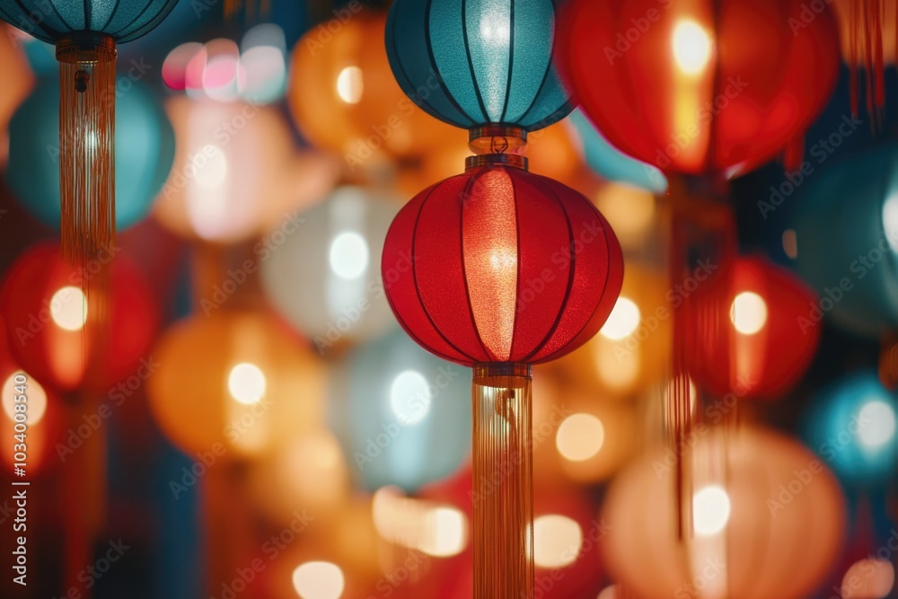 Poster A collection of red and blue lanterns suspended from a ceiling, creating a warm and inviting atmosphere