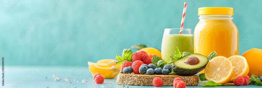 Aufkleber a delightful and healthy breakfast spread featuring avocado toast and a refreshing fruit smoothie al
