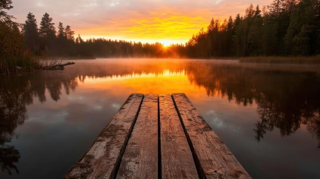 A captivating scene of the sun rising over a calm lake, with warm golden tones reflecting on the water and a wooden pier in the foreground amid serene nature.