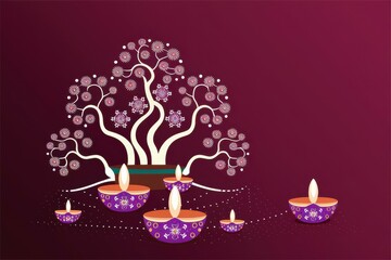Colorful Diwali Oil Lamps Floral Tree Design Maroon Background - Perfect Holiday Decor, Cultural Celebrations, Marketing Materials