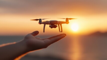 A drone elegantly floats above a hand with the backdrop of a stunning sunset, capturing the essence of aviation technology blending with human touch and nature.