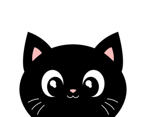 Cat illustration. Cute cat head silhouette. Black cat peeking out. Cartoon kitty design. Halloween cat illustration. Flat style drawing. Vector cat face.