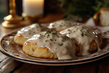 A plate of savory biscuits topped with rich gravy and tangy sauce, perfect for breakfast or brunch