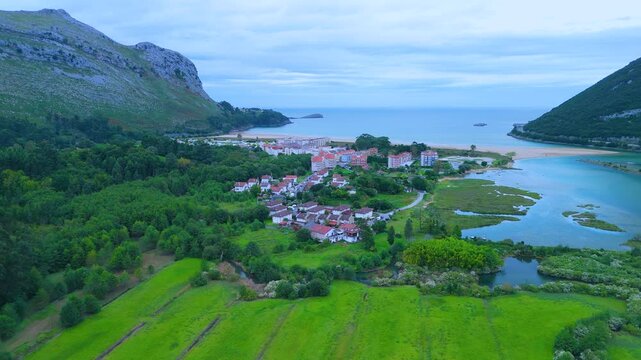 Aerial drone view of the polder in the Aguera estuary in the town of Ori&ntilde;&oacute;n. Cantabrian Sea. Cantabria. Spain. Europe