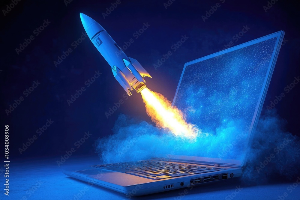 Aufkleber a person is working on their laptop when suddenly a rocket shoots out of the device, unexpected and 