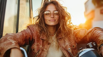 A smiling woman with wavy hair, wearing sunglasses and a brown leather jacket, leans against a vehicle, illuminated by warm sunset light, exuding a carefree vibe.