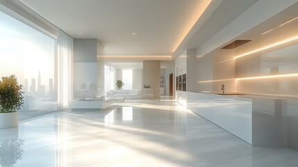 Modern, spacious interior with large windows and minimalist design.