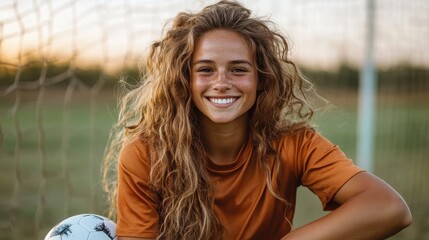 Young woman with curly hair in an orange jersey smiling while leaning on a soccer ball with a netted goal and grassy field in soft evening light behind her.