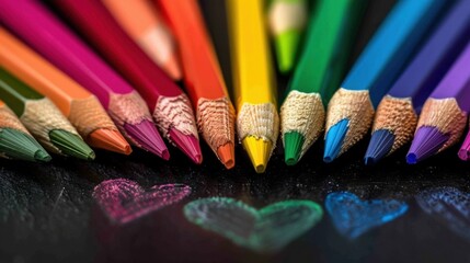 Obraz premium Colorful pencils arranged in vibrant spectrum create cheerful and artistic display. tips of pencils are sharp and ready for creativity, while colorful heart shapes drawn below add playful touch