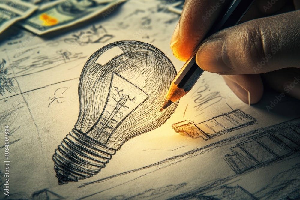 Poster a person sketches a light bulb idea on a piece of paper