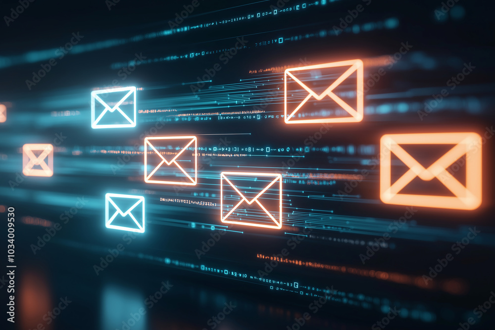 Poster digital communication concept with glowing email icons streaming through a virtual space, representi